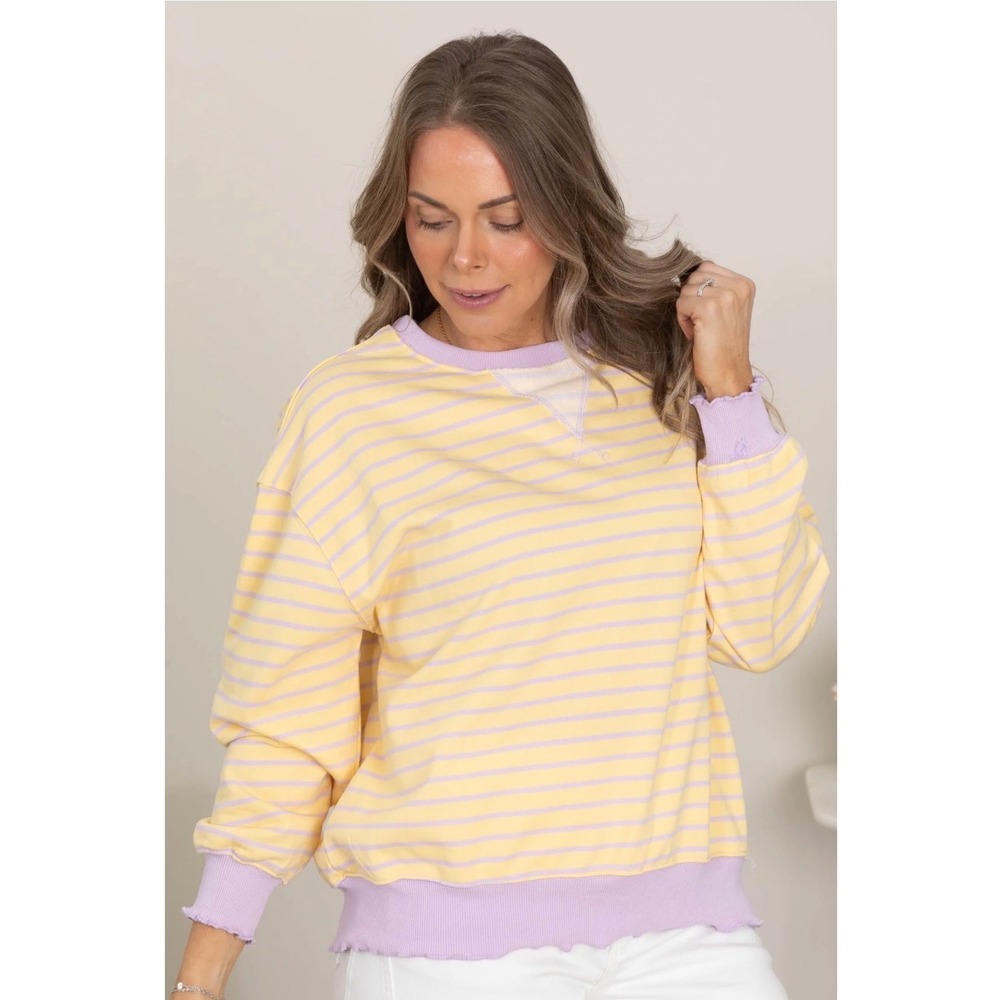 Veveret Yellow Lilac Striped Sweatshirt Raw Hem Pullover Womens Medium